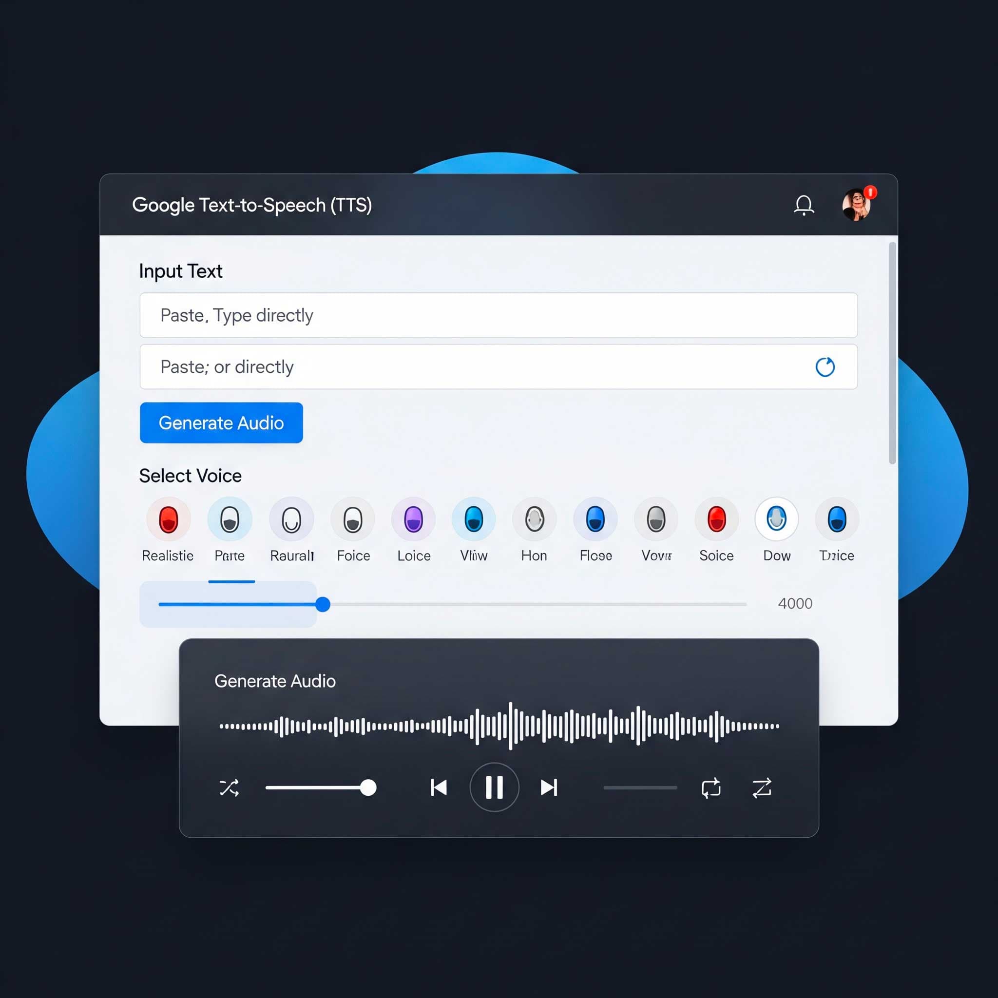 Capture d'écran — Interface Text-to-Speech (Google Cloud) — UI Next.js pour synthèse vocale via Google Cloud TTS.
